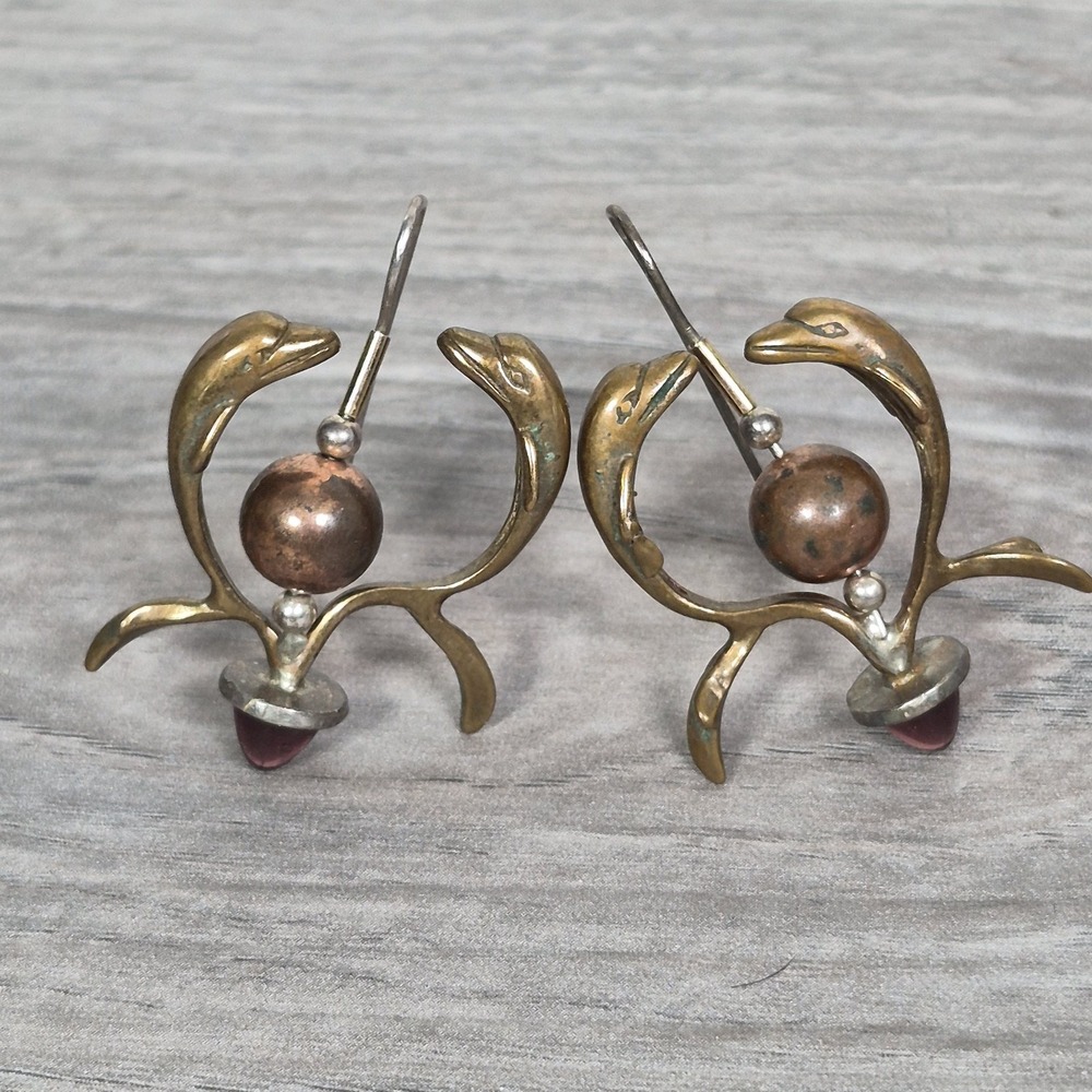 Unique Artisan Brass Dangle Dolphin Earrings Bead Boho